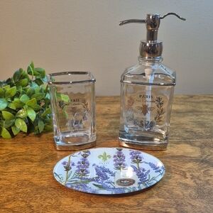 PARIS Lavender Soap Dish & Glass Soap Dispenser & Matching Toothbrush Holder Set